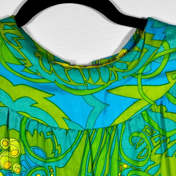 Vintage 1960s Psychedelic Shift Dress Blue Green Yellow Floral Tropical Print - Picture 4 of 16